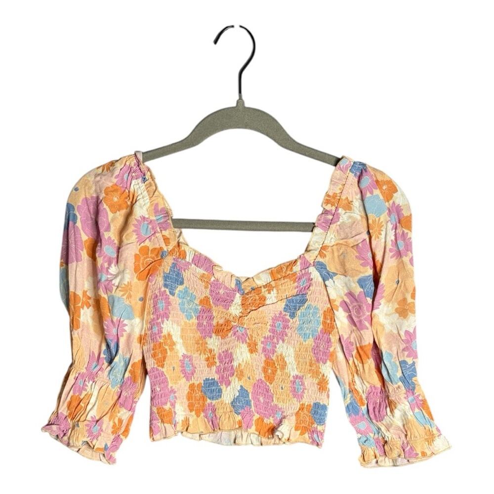 Charlie Holiday Pink Purple Floral Cropped Smocked Top 8